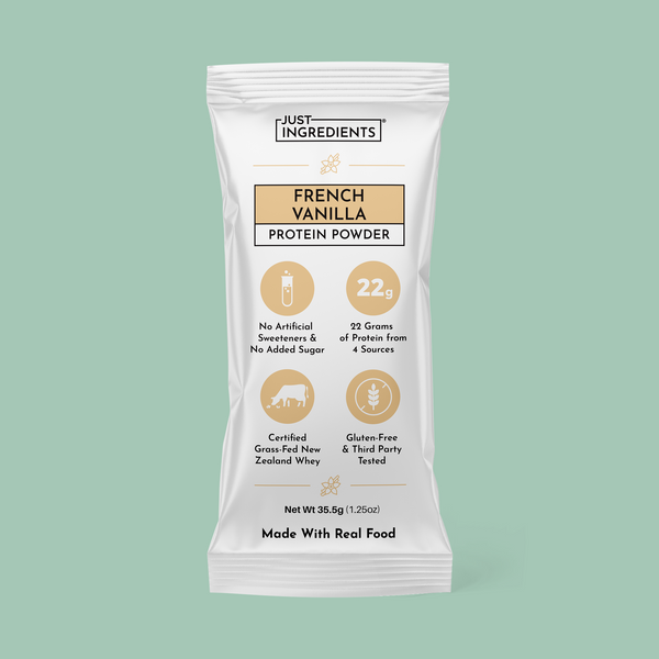 Single French Vanilla protein powder stick packet with labeled front and nutrition panel visible.