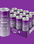 Twelve purple cans of Grape Soda Energy + Brain Boost arranged together, labeled “Energy + Brain Boost.”