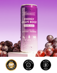Checklist graphic listing features: real fruit flavor, caffeine, vitamins, no added sugar.