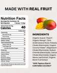 Pouch of Guava Mango Electrolytes with a ripe mango beside it, emphasizing fruit-based flavor.