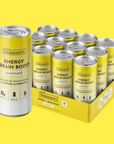 Yellow 12-pack box and single can of Lemonade Energy + Brain Boost with branding and nutrition panel visible.