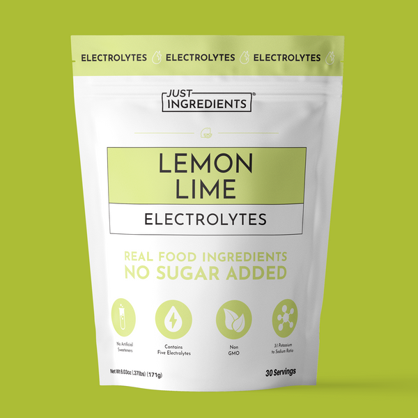 Pouch of Lemon Lime Electrolytes powder — 30 servings, front packaging showing lemon and lime graphics and 'no sugar added' callout.