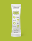 Single lemon lime electrolyte stick pack with ingredients and benefits listed on packaging.