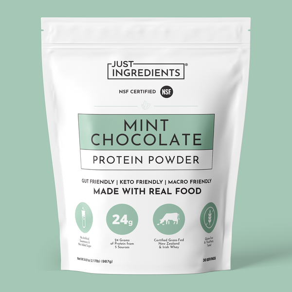 White pouch of mint chocolate protein powder with green accents and nutrition panel