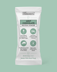 Mint chocolate protein powder stick packet with '24g protein' and nutrition callouts.