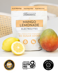 Pink benefits graphic with colored scoops highlighting Mango Lemonade Electrolytes features