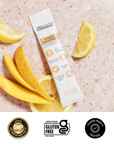 Checklist graphic listing real fruit, no added sugar, and no artificial flavors for the electrolyte mix.