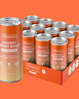 Twelve cans of Orange Fizz Energy + Brain Boost in bright orange-and-beige packaging stacked together.
