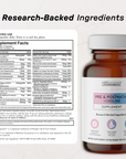 Amber glass bottle of prenatal and postnatal supplement capsules with white lid and label showing ingredients and nutrition f