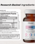 Amber glass bottle of DHA supplement softgels with white cap, displaying supplement facts label and ingredient information on