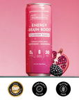 Checklist graphic listing benefits of the sparkling energy drink: real fruit flavor, caffeine, vitamins, and no added sugars.
