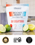 Packaging certifications and ingredient callouts for Rocket Berry Electrolytes