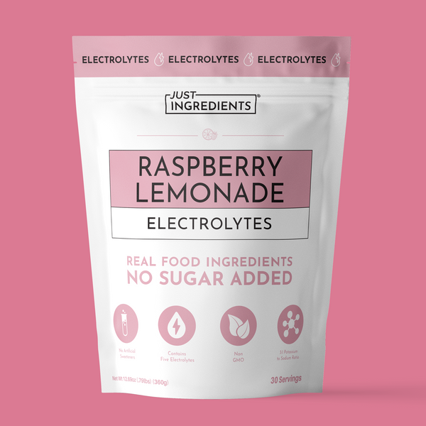 Pouch labeled 'Raspberry Lemonade Electrolytes' with product details and pink-and-white packaging.