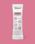 Raspberry Lemonade electrolyte stick packet and pouch showing product name and ingredient highlights.