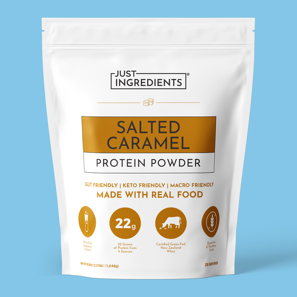 White pouch of Salted Caramel Protein Powder with nutrition panel and product branding on a white background.