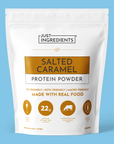 White pouch of Salted Caramel Protein Powder with nutrition panel and product branding on a white background.