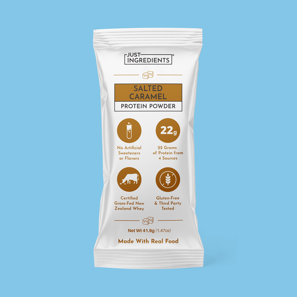 White pouch packaging for Salted Caramel Protein Powder Stick with nutritional panel visible