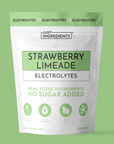 Pouch of Strawberry Limeade Electrolytes in green-and-white packaging labeled ‘no sugar added’.