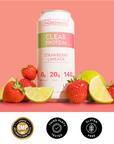Checklist graphic highlighting key features for clear protein with strawberries, limes, and lemons.