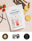 Three protein packets labeled Chocolate, Snickerdoodle, and Salted Caramel with nutrition facts.