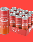 Twelve cans of Sunrise Splash Energy + Brain Boost arranged in a group showing pink-orange can artwork and nutrition panel.
