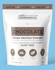 Brown-and-white pouch of vegan chocolate protein powder showing nutrition facts and serving details.