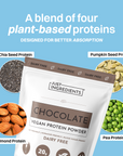 Bag of chocolate vegan protein powder next to a glass of chocolate shake and a piece of dark chocolate.