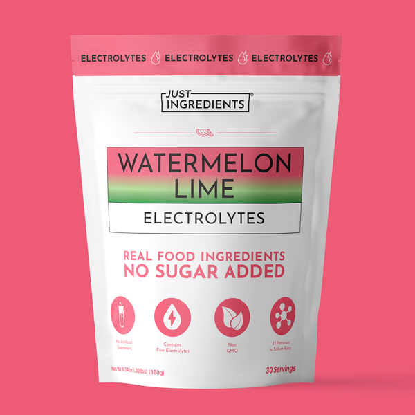 Front pouch of Watermelon Lime Electrolytes powder showing product label and scoop