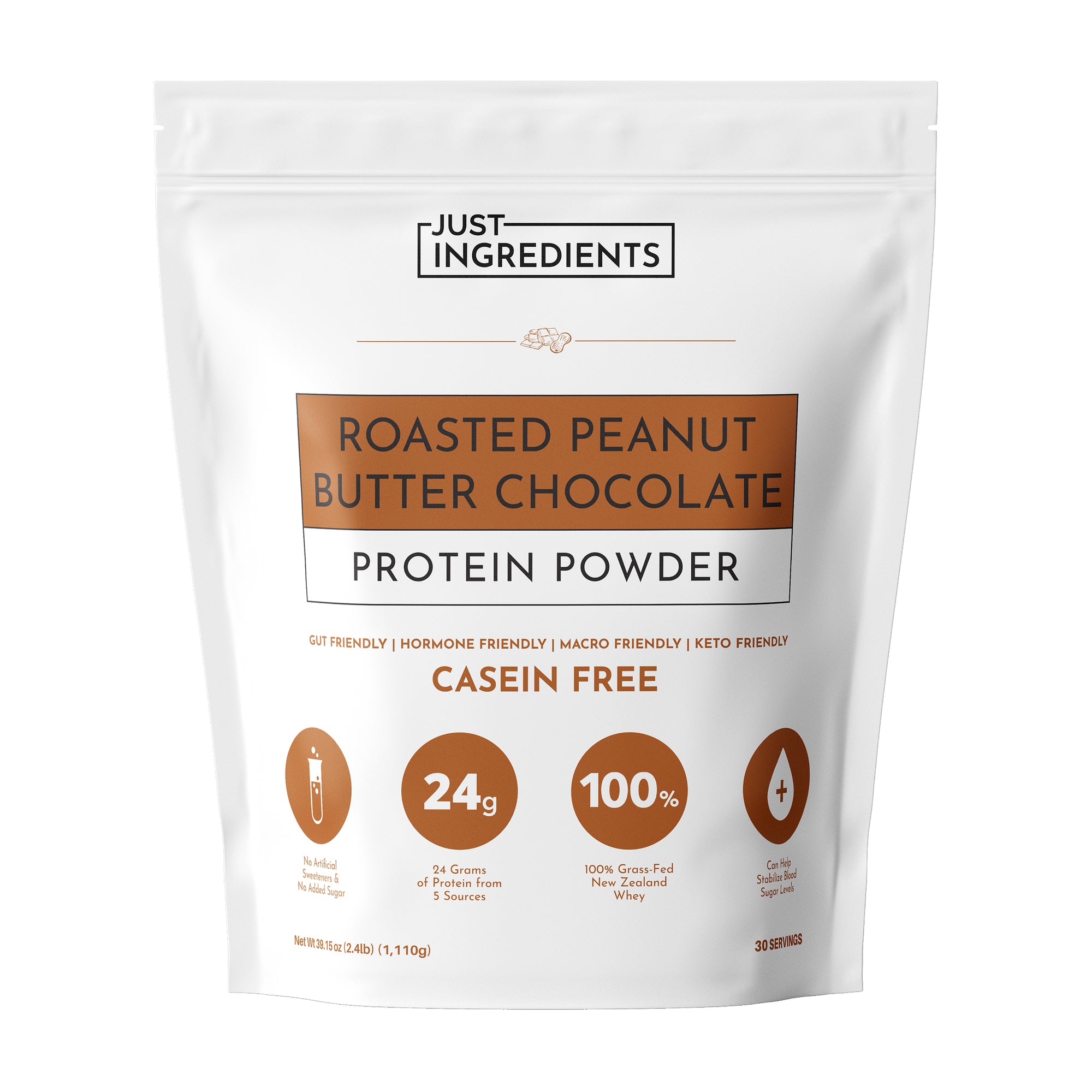 White pouch of roasted peanut butter chocolate protein powder with nutritional information and branding details.