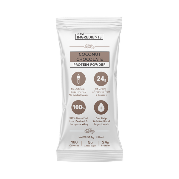 Protein powder stick with coconut chocolate flavor, 24g protein, 160 calories, no artificial sweeteners or added sugar.