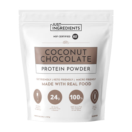 White pouch of Just Ingredients coconut chocolate protein powder with brown label and NSF certification badge.