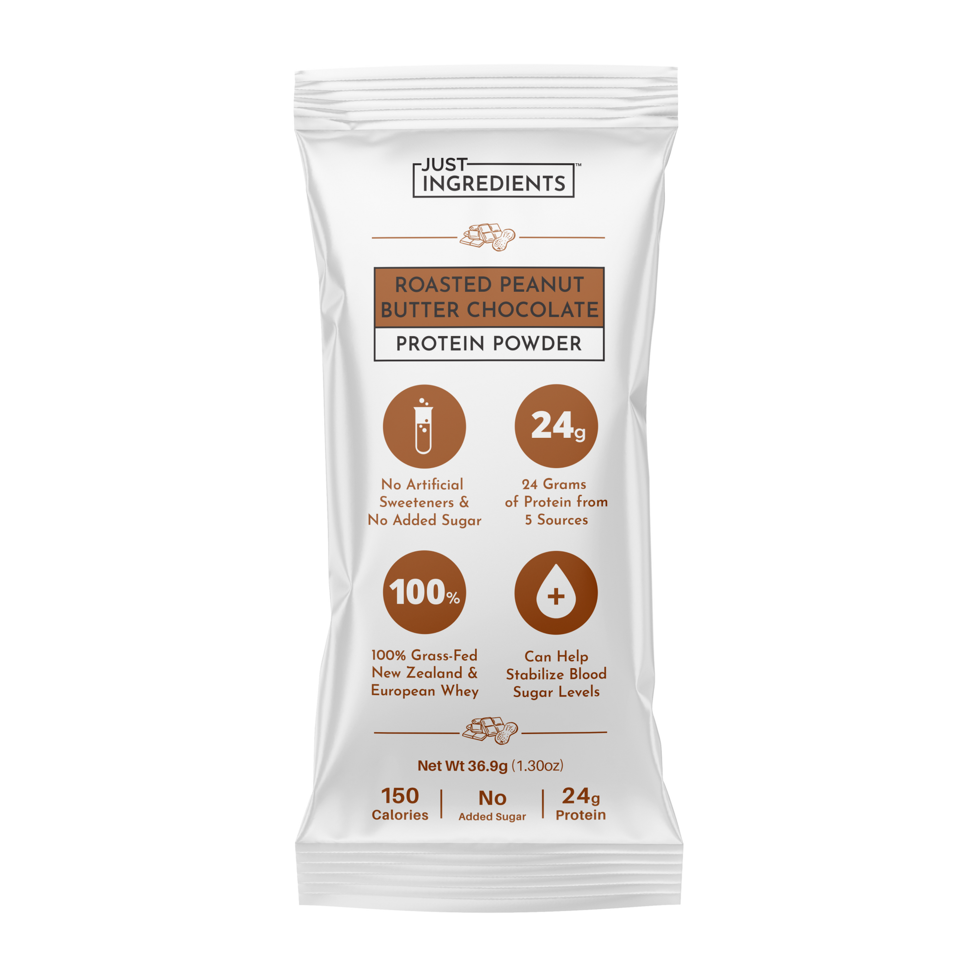 White packaging with brown accents featuring "Roasted Peanut Butter Chocolate Protein Powder" and nutritional information.