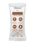White packaging with brown accents featuring "Roasted Peanut Butter Chocolate Protein Powder" and nutritional information.