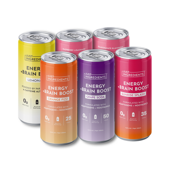 Six cans of energy drinks in various flavors: Lemonade, Orange Fizz, Grape Soda, Raspberry Lemonade, Pomegranate Blackberry, 