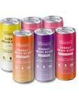 Six cans of energy drinks in various flavors: Lemonade, Orange Fizz, Grape Soda, Raspberry Lemonade, Pomegranate Blackberry, 