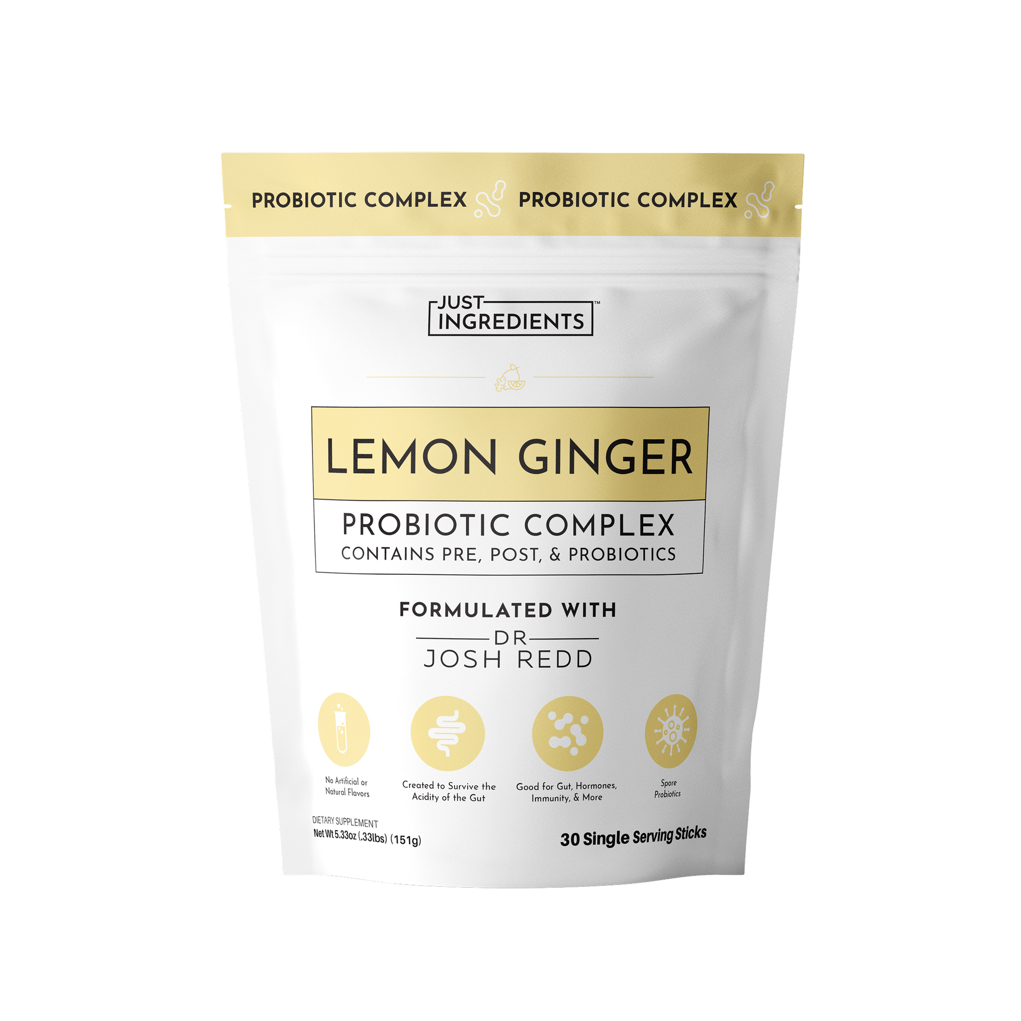 White pouch labeled "Lemon Ginger Probiotic Complex" with yellow accents, containing 30 single serving sticks.