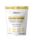White pouch labeled "Lemon Ginger Probiotic Complex" with yellow accents, containing 30 single serving sticks.
