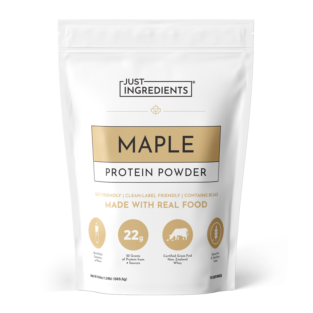 White pouch of Just Ingredients Maple Protein Powder with gold label, 565.5g size, featuring product details and icons.