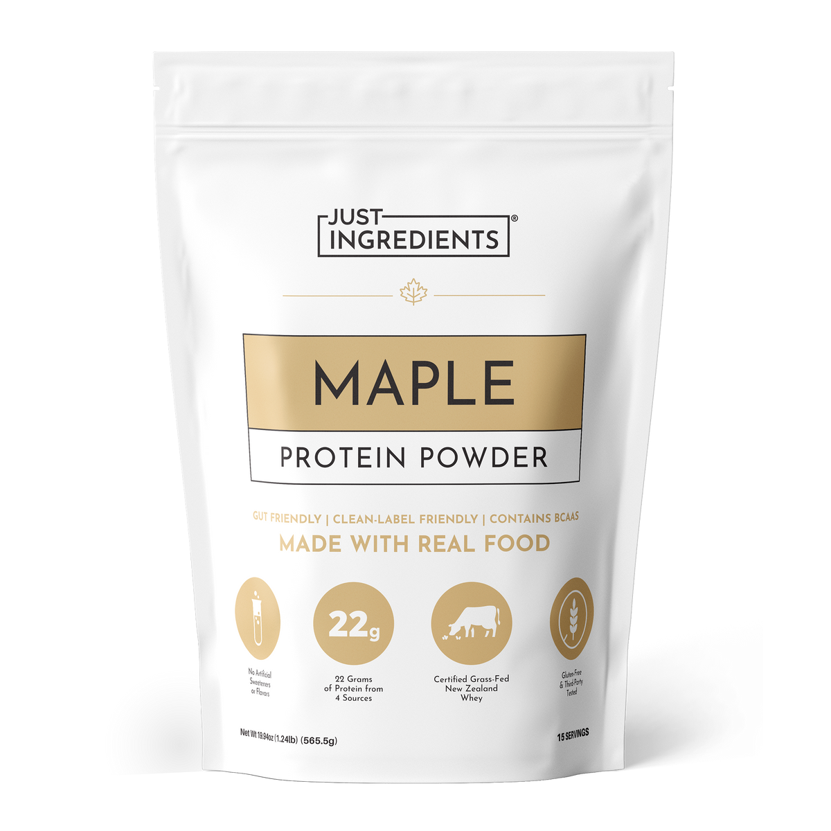 White pouch of Just Ingredients Maple Protein Powder with gold label, 565.5g size, featuring product details and icons.