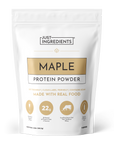 White pouch of Just Ingredients Maple Protein Powder with gold label, 565.5g size, featuring product details and icons.