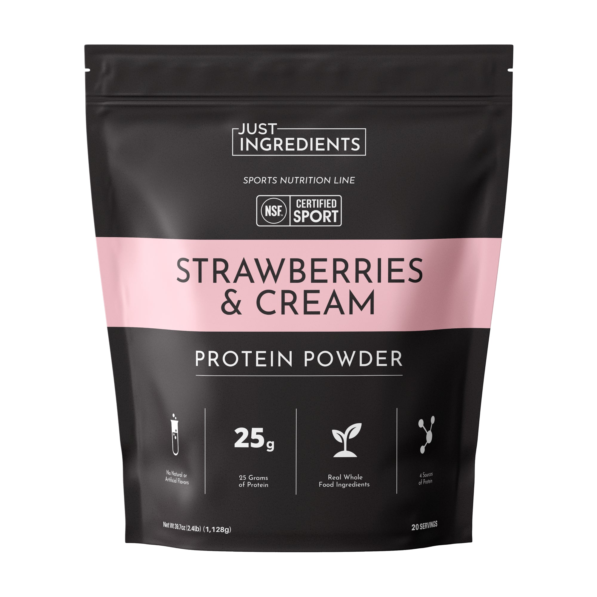 Black pouch of strawberries and cream protein powder with 25 grams of protein per serving and NSF certification.