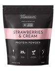 Black pouch of strawberries and cream protein powder with 25 grams of protein per serving and NSF certification.