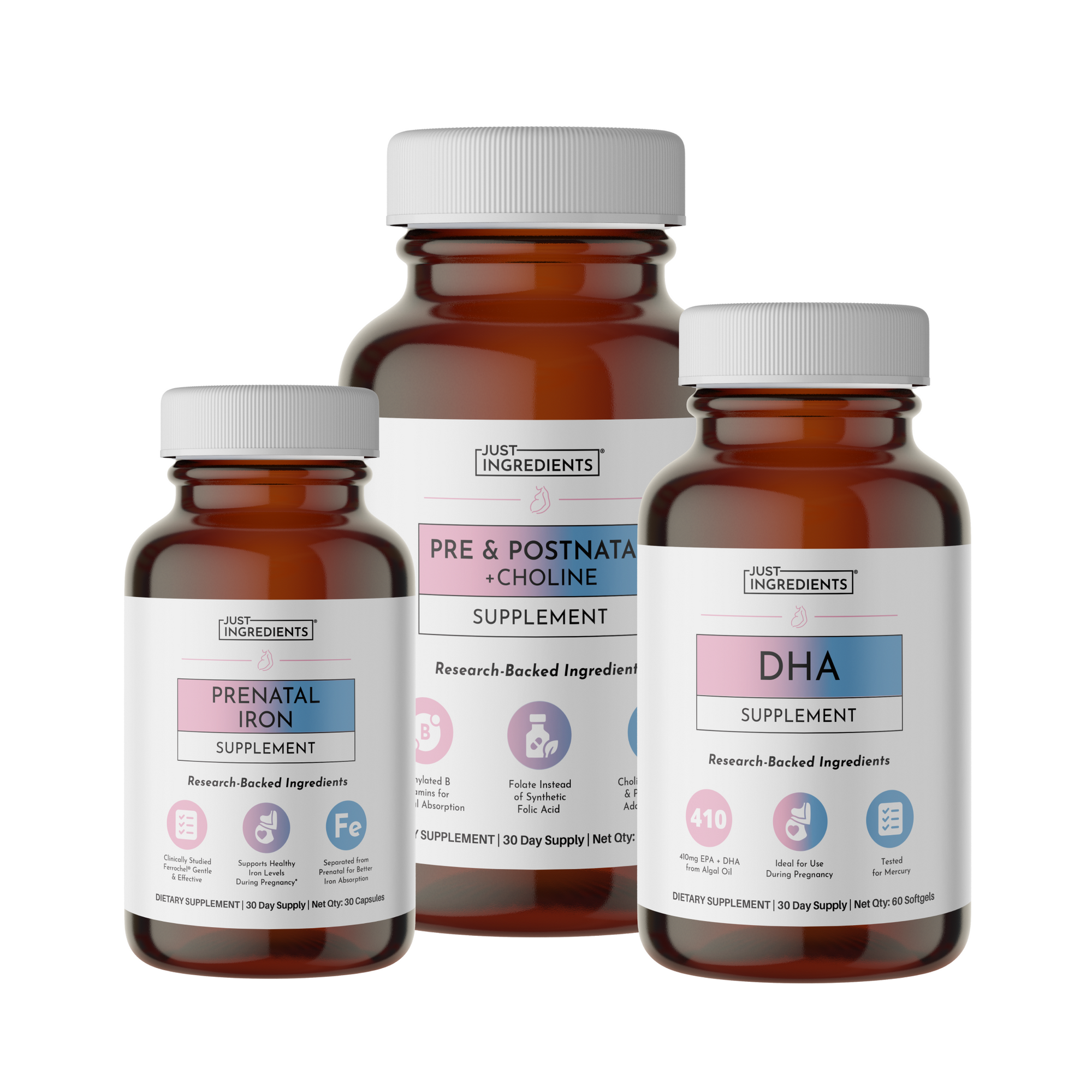 Three amber glass bottles with white caps labeled "Prenatal Iron Supplement," "Pre &amp; Postnata +Choline Supplement," and "DHA 