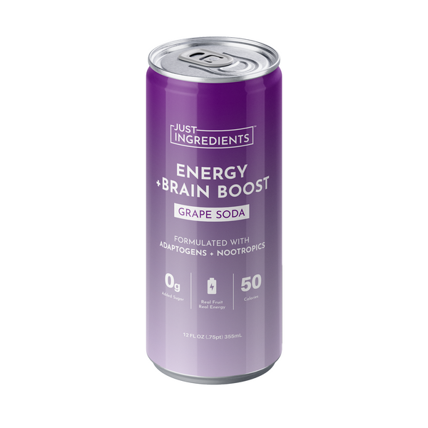 Purple can of Grape Soda Energy + Brain Boost, 12 fl oz, featuring nutritional information and branding details.