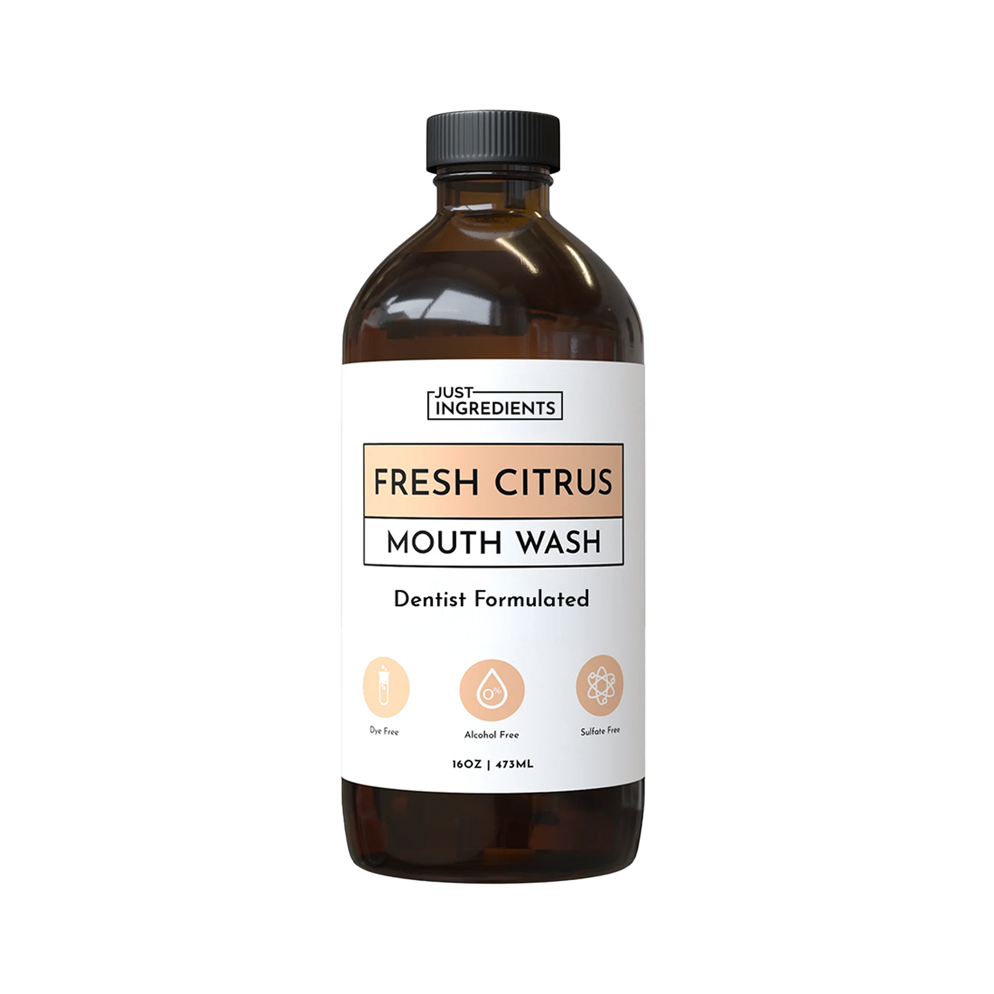 Brown glass bottle of Fresh Citrus mouth wash with a white label, 16 oz, noting it's dentist formulated and free from dyes, a