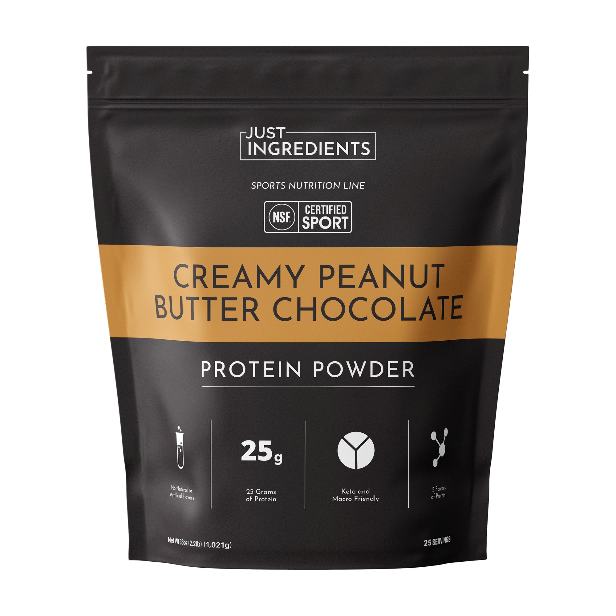 Black pouch of protein powder labeled "Creamy Peanut Butter Chocolate" with nutritional information and certifications.
