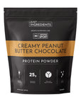 Black pouch of protein powder labeled "Creamy Peanut Butter Chocolate" with nutritional information and certifications.