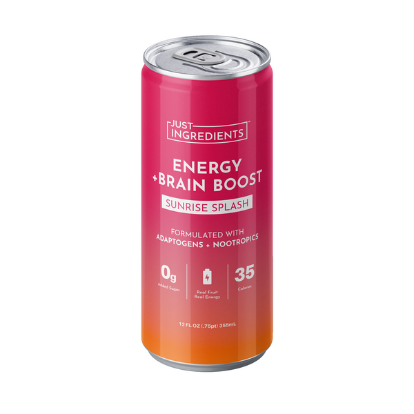Can of Sunrise Splash Energy + Brain Boost drink, featuring a pink and orange design with nutritional information.