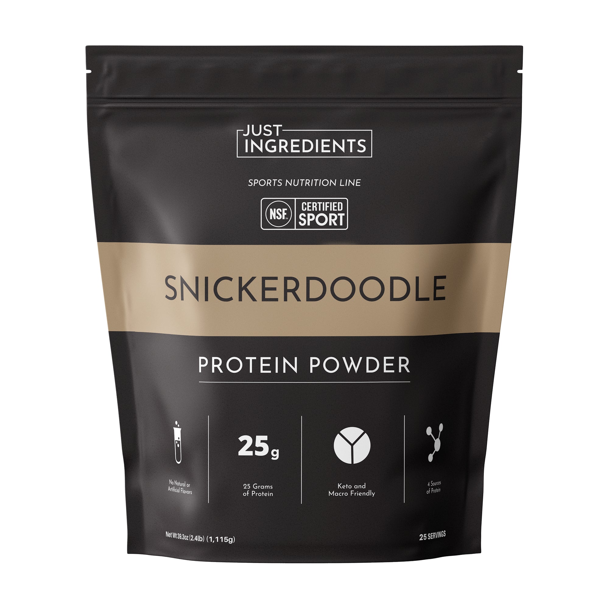 Black and gold packaging of Snickerdoodle protein powder with nutritional information and certification logos.