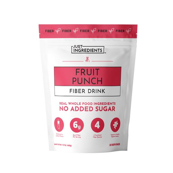 Pouch of Fruit Punch Fiber Drink, pink and white packaging highlighting 6g fiber per serving and no added sugar.